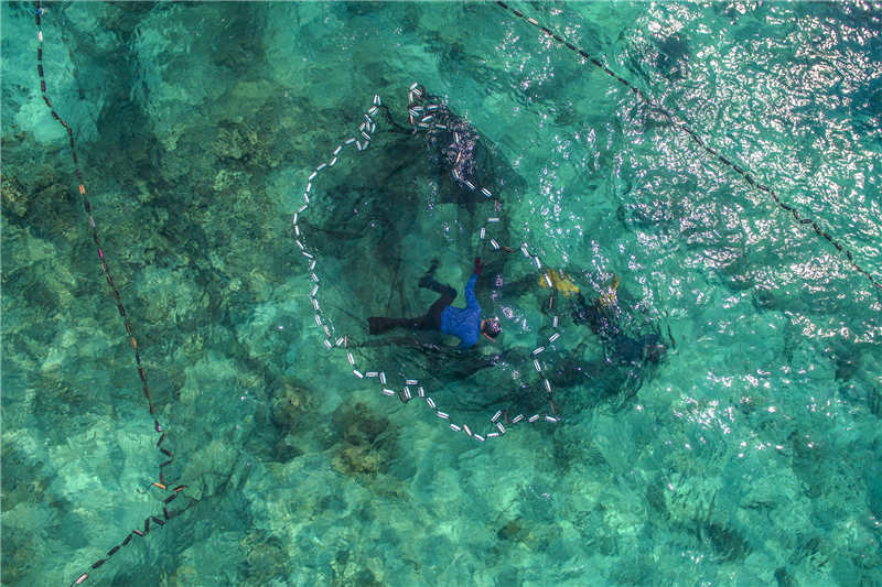 渔民符名文和符明岗兄弟俩，在礁盘之间的海沟里下网捕鱼。