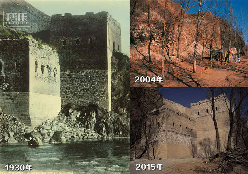 北京古北口姊妹楼，破损——垮塌——重建。（左图：1930年佚名 右上：2004年威廉·林赛摄 右下：2015年威廉·林赛摄）