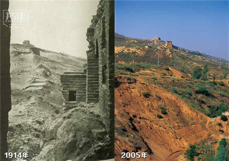 陕西神木高家堡玄路塔，近处的敌楼已消失。（上图：1914年克拉普摄 下图：威廉·林赛摄）