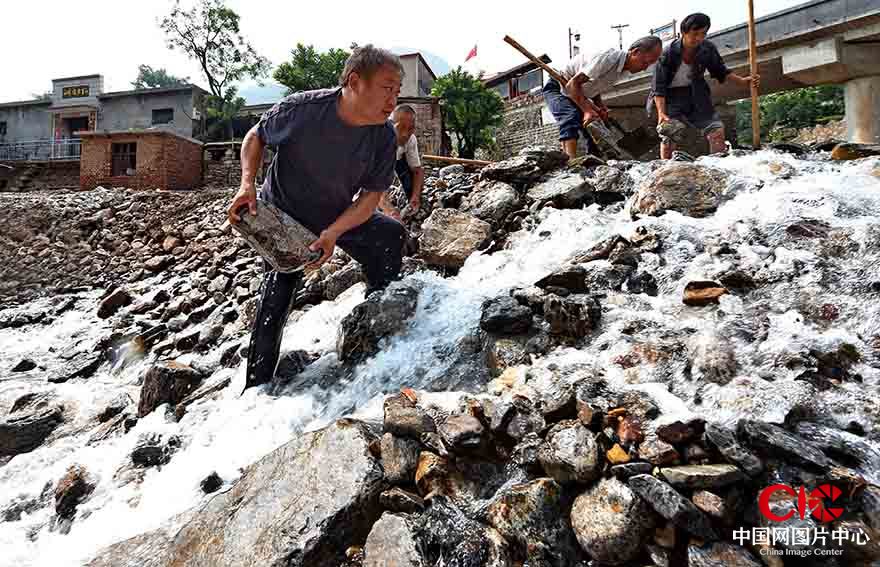 8月3日，磁县南王庄村，村支部书记王海军正带领大家在湍急的河水中抢修水毁的临时路 河北日报赵威 摄
